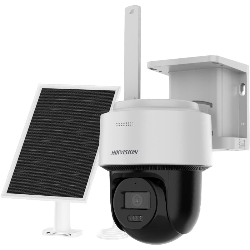 Hikvision security camera with solar panel on a white background